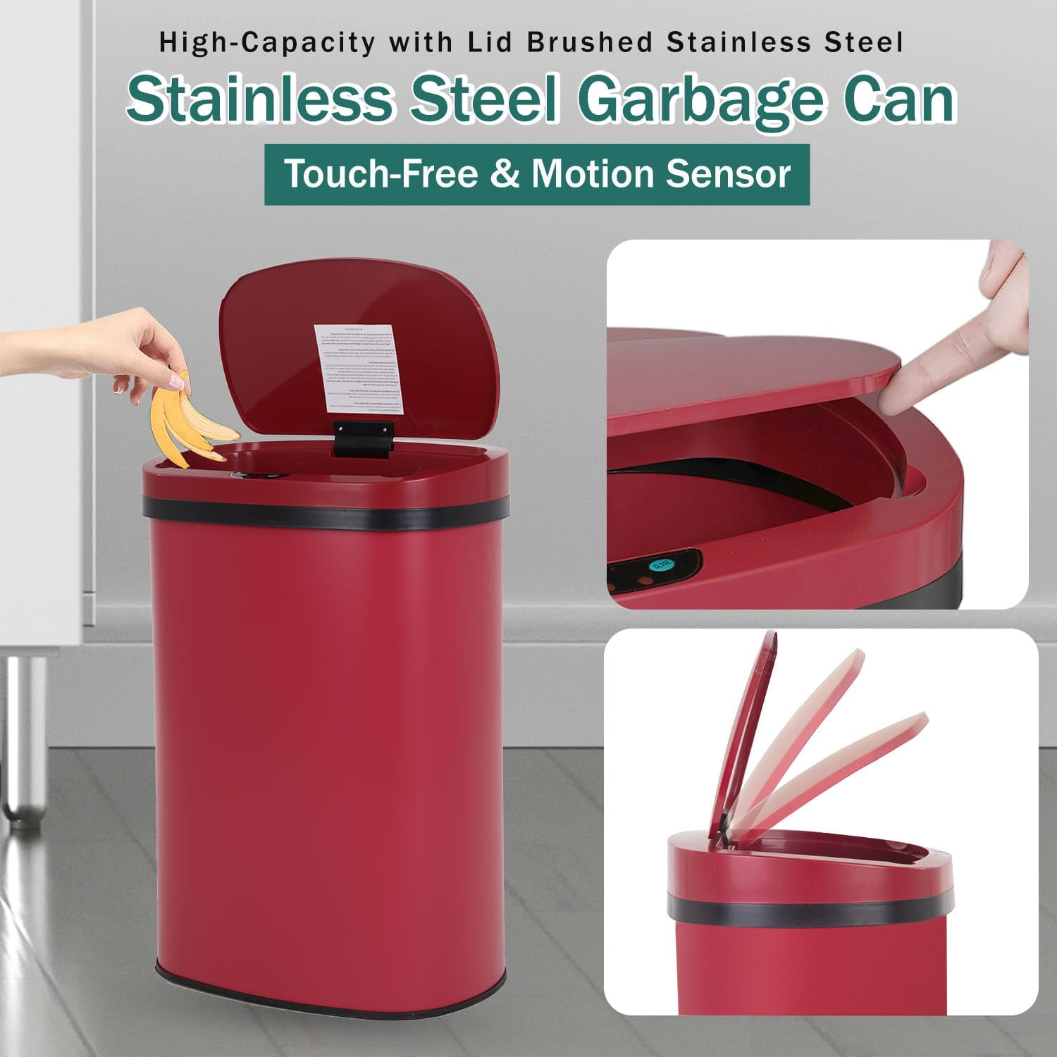 13-Gallon Kitchen Trash Can Red Stainless Steel Garbage Can Automatic Touch Free Garbage Bin Motion Sensor Trash Can with Lid Metal Waste Bin for Living Room, Kitchen, Bathroom, Office