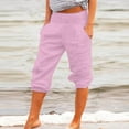 thumbnail image 3 of REALiKUN Women's Linen Capris Summer Casual Pants Elastic High Waisted Drawstring Rolled Shorts with Pockets, 3 of 7