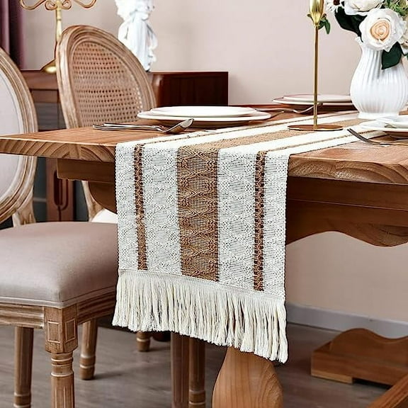 Zhuge Home Macrame Table Runner Farmhouse Style - Burlap Cotton Rustic Cream Beige Boho Splicing Table Runner with Tassels for Wedding Bridal Shower Party Kitchen Dining Table Decor 12 x 72 Inch