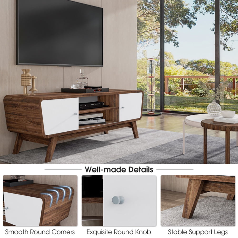 Finihen TV Stand, TV Cabinet, Sliding Door TV Stand with Adjustable Shelf for TVs up to 55 Inch, for Living Room, Bedroom, Walnut