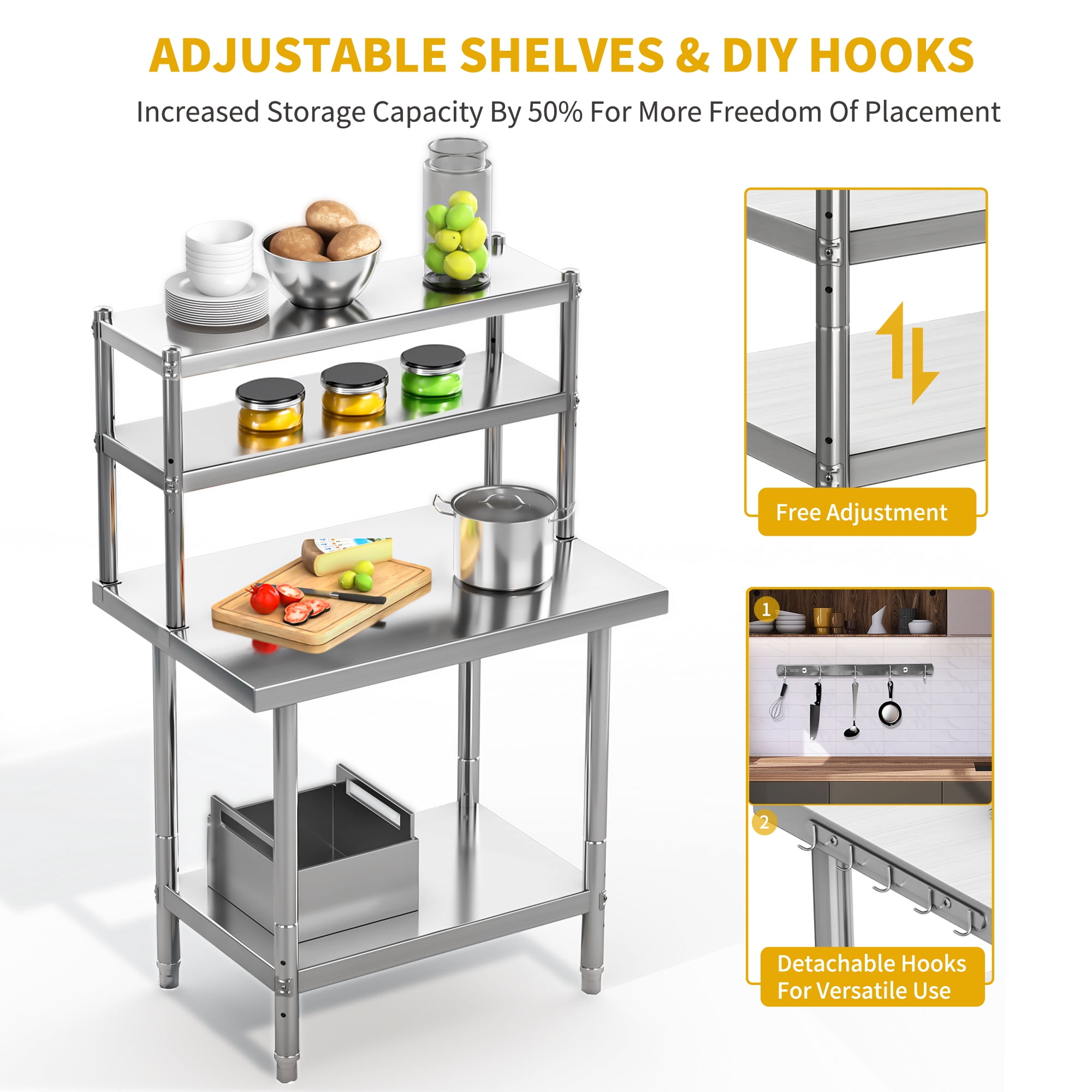 Uforic 30 x 24 In 4-Tier Stainless Steel Work Table with Overshelves, Hooks, Metal Prep Table for Commercial Kitchens and Restaurants
