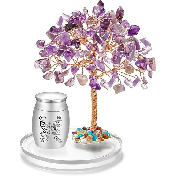 XIUDA Small Urns for Human Ashes Keepsake, Stainless Steel Mini Urn for Human Ashes with Amethyst Crystal Tree -Decoration Butterfly Cremation Keepsake