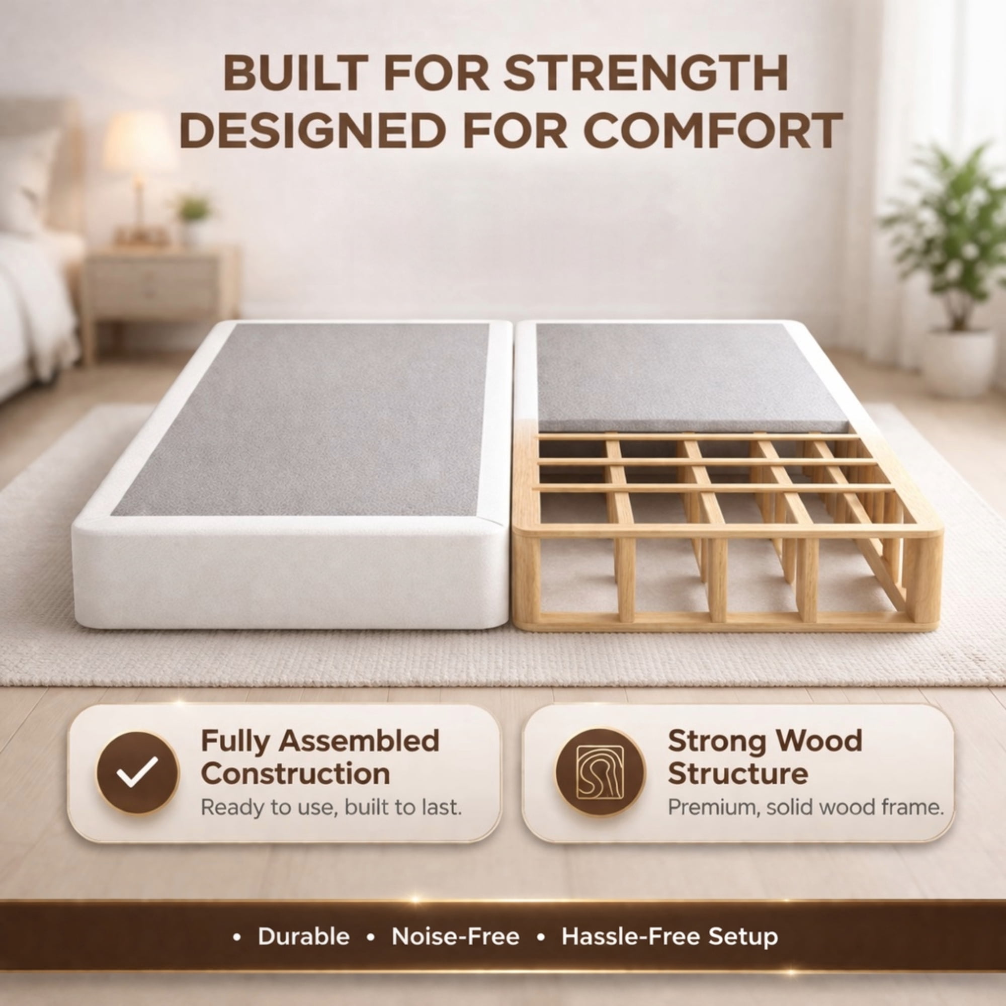 Continental Sleep, Box Spring Bed Base Queen Size, 8-Inch Wood Mattress Foundation, Quiet Noise Free, 2-Pieces Under Mattress Support BoxSpring, Fully Assembled, White