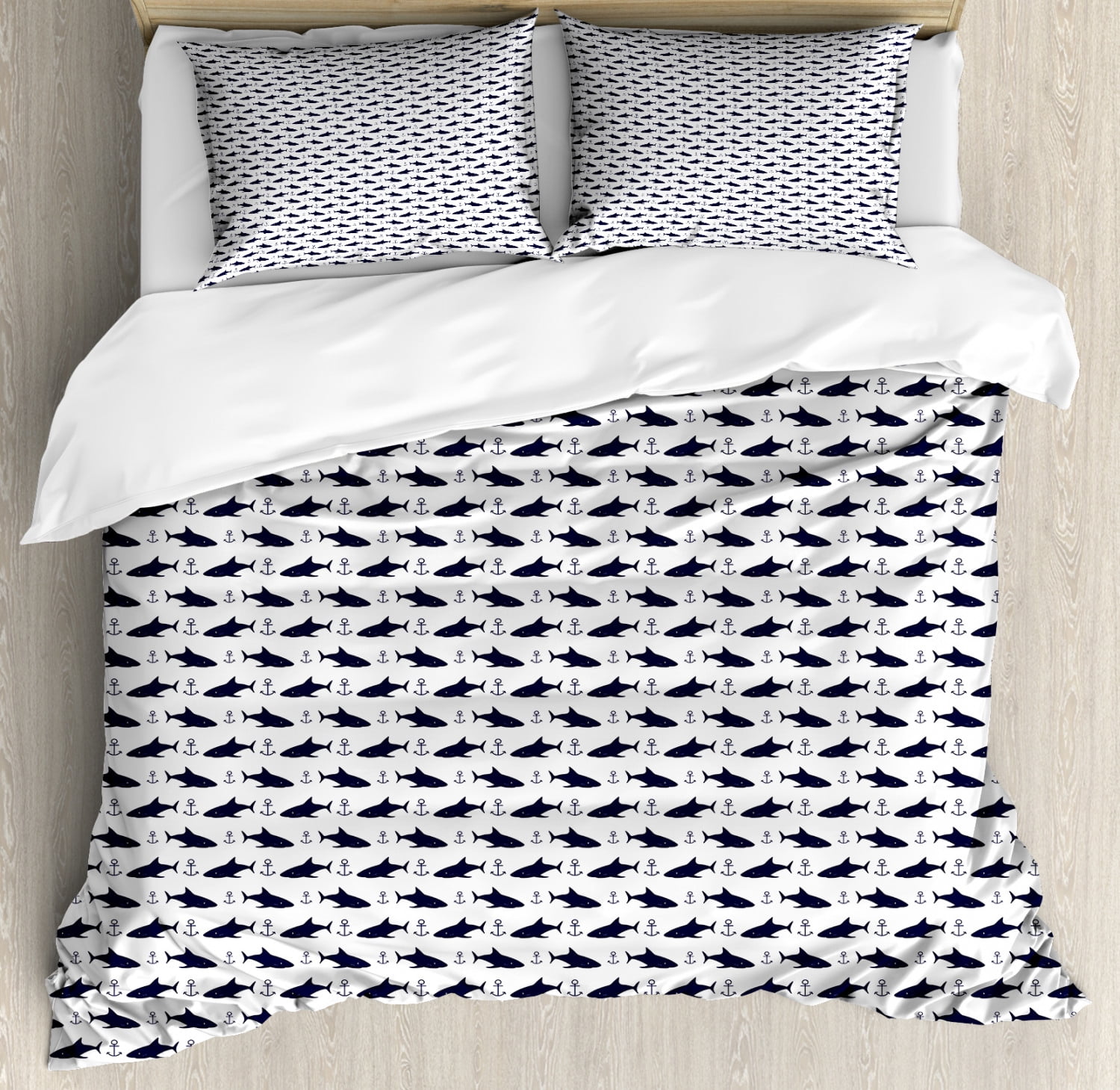 Anchor Duvet Cover Set Queen Size, Aquatic Pattern with Sharks and