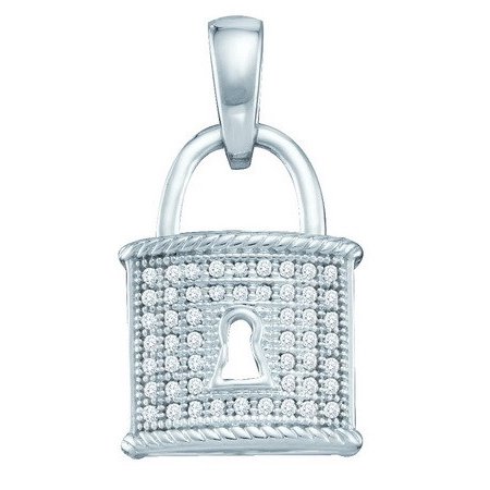 10K White Gold 0.12CT Round Cut Diamond Micro-Pave Lock Fashion Pendant