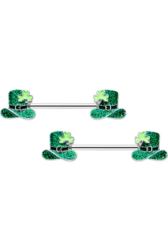 14G Womens Piercing Steel 2Pc Top Hat Shamrock St Patricks Mens Nipple Ring Set 9/16