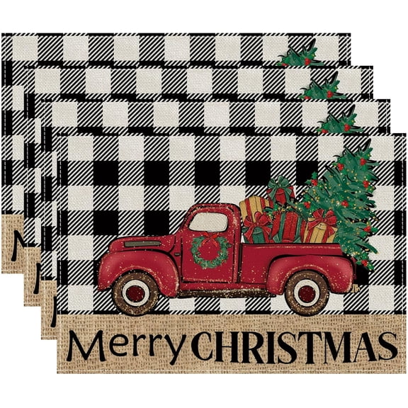 Merry Christmas Placemats Set of 4 Buffalo Plaid Truck Gift Tree Winter Xmas Table Mats Table Decoration 12x18 Inch