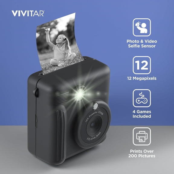 Pre-Owned Vivitar InstaPrint Digital Camera, 12MP, 4 Games, 2 Rolls of Paper, Instantly Prints 2" X 3" Pictures -Grey