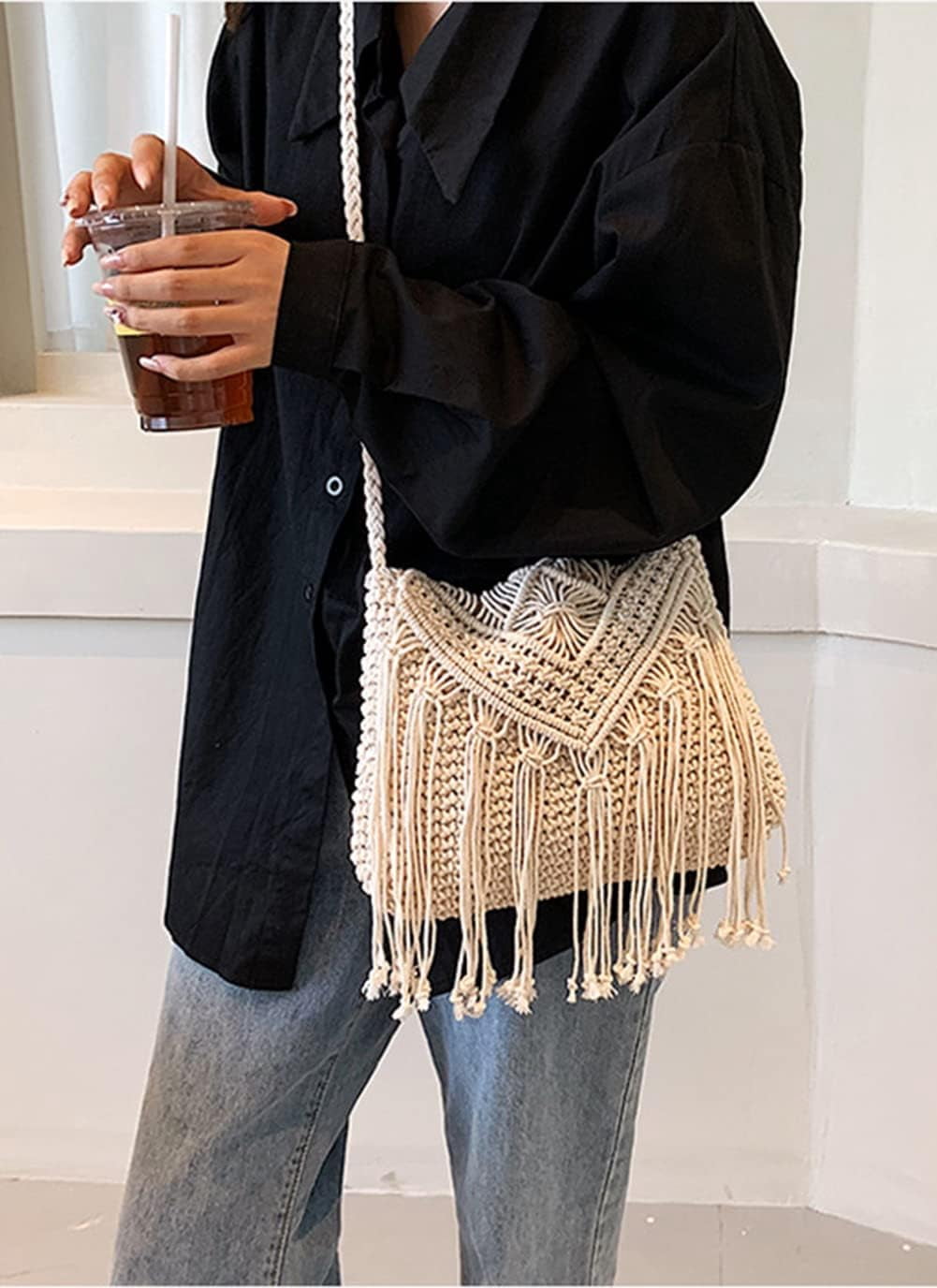 CAILDANL Crossbody Purse for Women Cute Macrame Hobo Satchel Bags Knit Summer Beach Bag Tassels Shoulder Crochet Tote Handbag