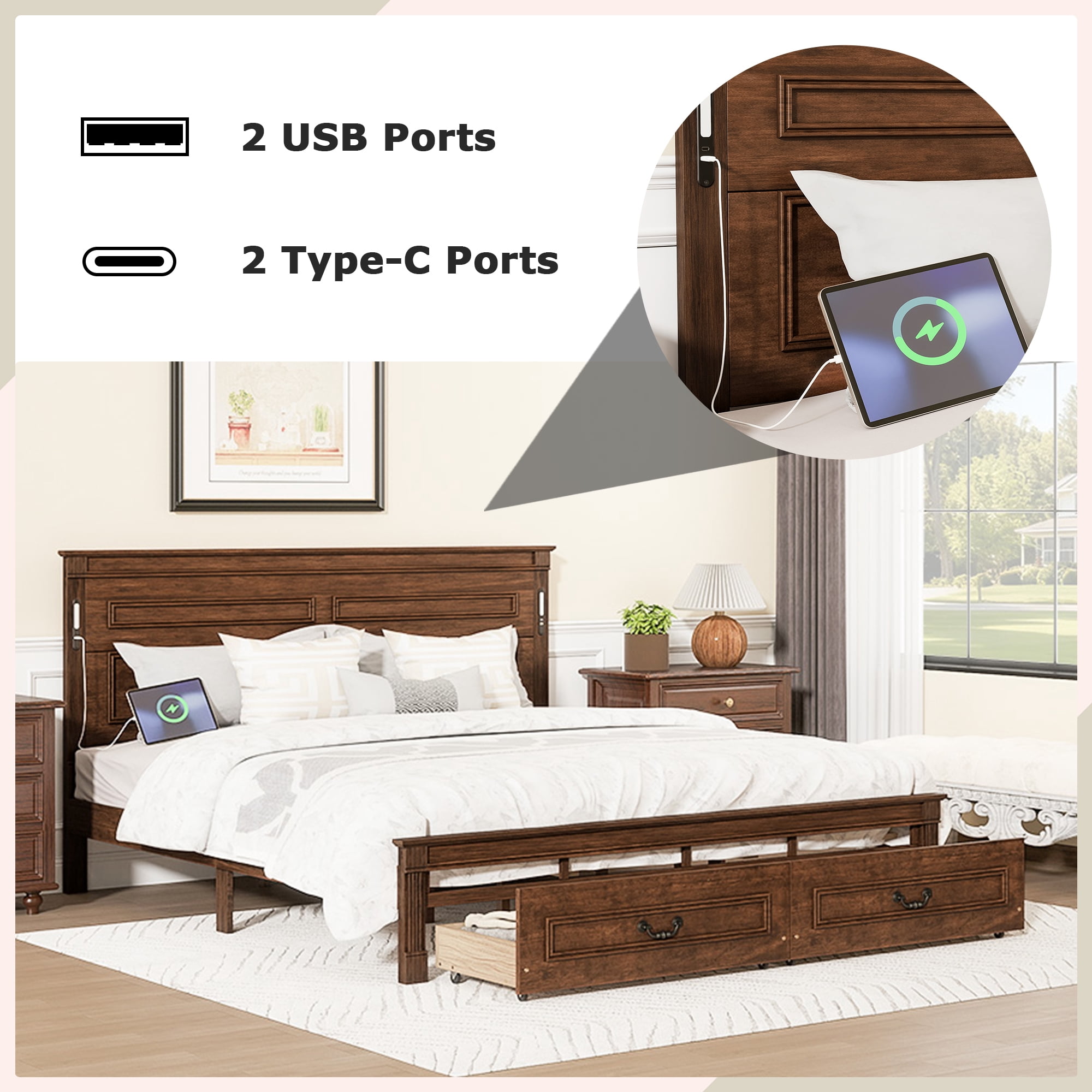 Sailvan Bed with 2 Storage Drawers, LED Lights, USB Charging Station
