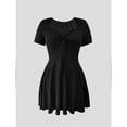 thumbnail image 3 of Black, stylish, elegant, pleated, tie-up V-neck short-sleeved A-line dress., 3 of 3