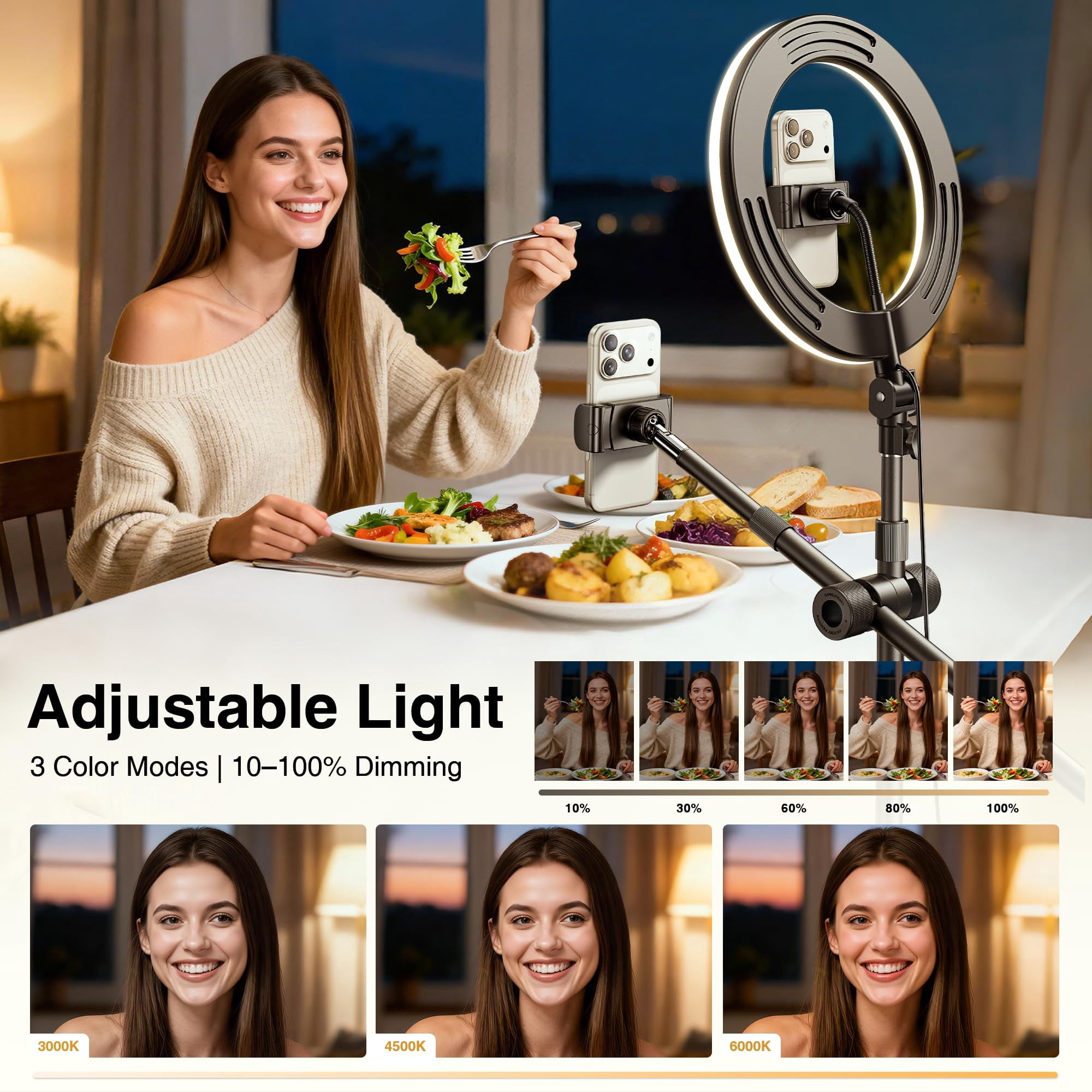 Overhead Phone Mount  Camera Stand [anti-shaking] With 10.5" Ring Light Desk For Video Recording Zoom Meeting