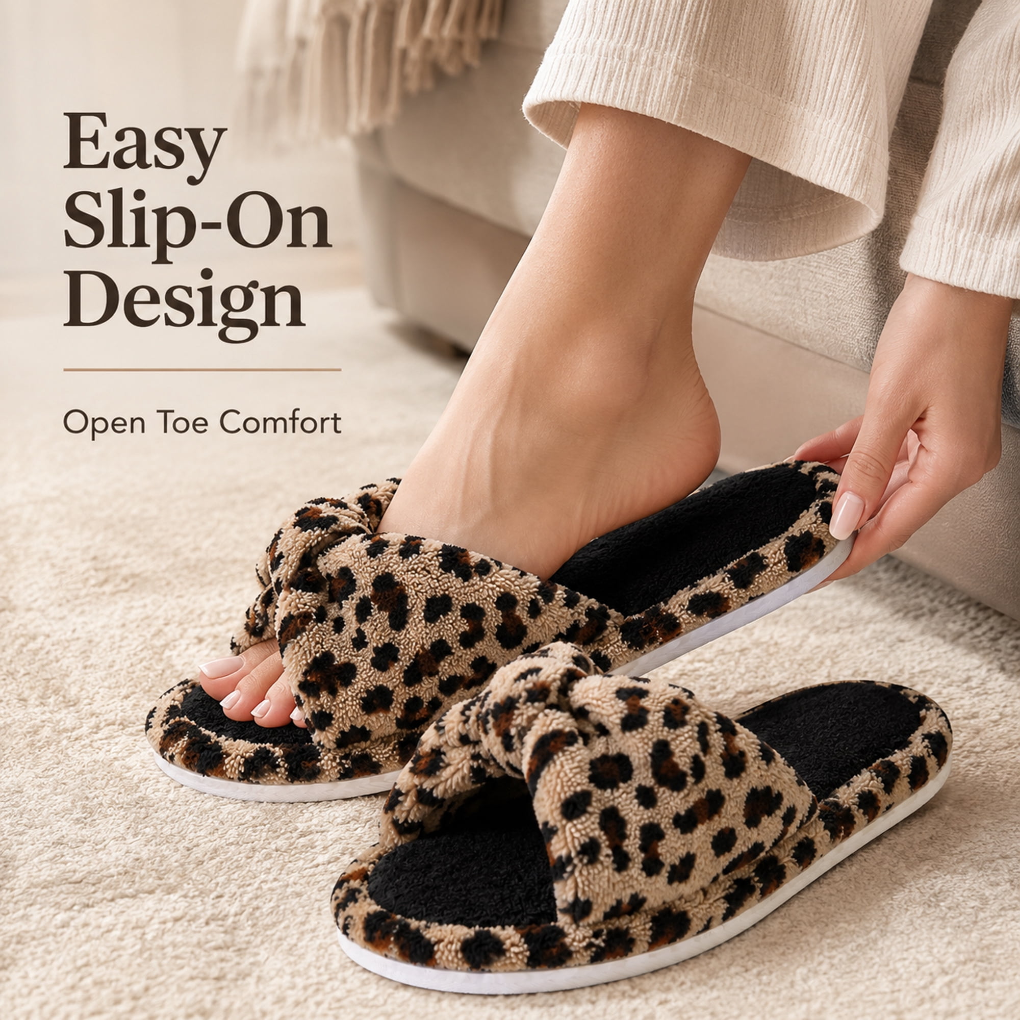 Leopard Style Memory Foam Woven Non-Slip Indoor Cozy Pom Knit Spa Women Slippers