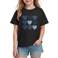 thumbnail image 2 of Girls Valentine's Day T-Shirt Short Sleeve Cotton Top with Denim Heart Print for Kids 4-10 Years, Black,Size 9 T, 2 of 9