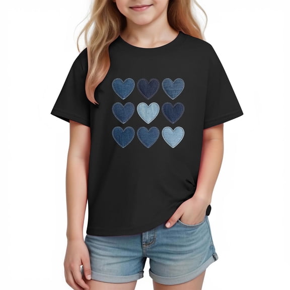 Atogsazn Children's Girls Summer Tshirt Kids Casual Hearts Short Sleeve Pullover T-shirt Outfit Classic Basic Tops 02-Black 3-4 Years Fashion