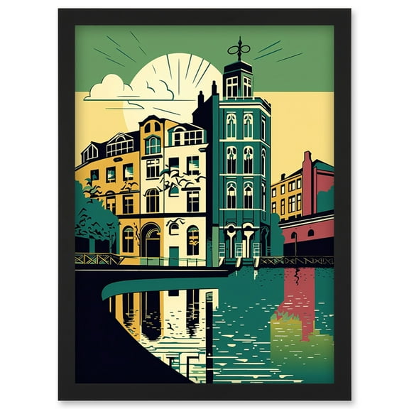 Leeds City Architecture Waterfront Illustration Artwork Framed Wall Art Print A4