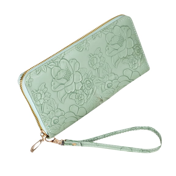 GASTROPOD Women'S Faux Leather Wristlet Wallet - Green Embossed Floral, Zip-Around, Detachable Strap, Long Multi-Card Slot Vegan Leather Wallet for Ladies
