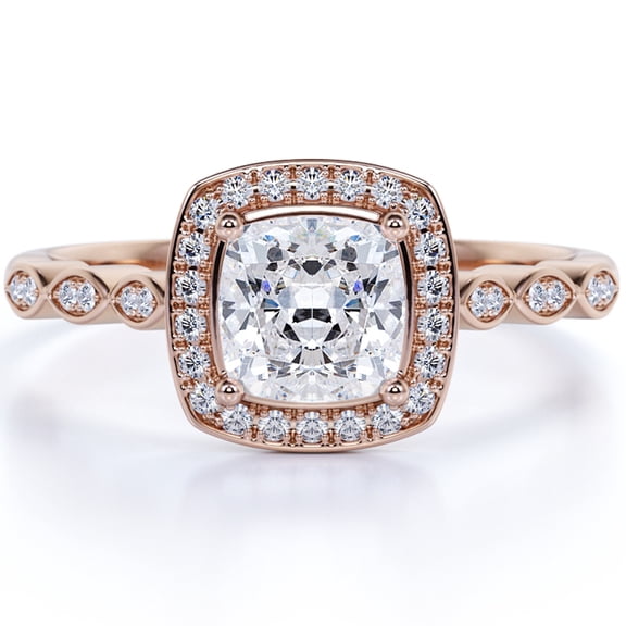 JeenMata 1.25 Carat Lab Grown Diamond Cushion Cut Halo Engagement Ring in 10K Rose Gold - Prong Eyelet Art Deco Bridal Jewelry for Women
