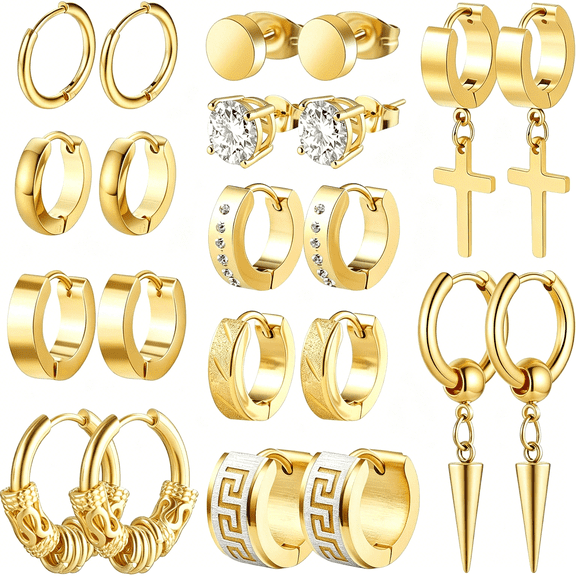DESIGNICE Men Earrings, 11 Pairs Stainless Steel Small Hoop Earrings Cross Dangle Earrings Set, Fashion Huggie Earrings Piercing Jewelry for Party Birthday