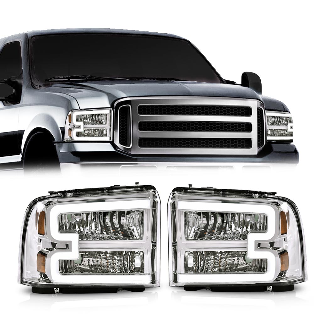 PIT66 LED Headlights, Fit for2005-2007 Ford F250 F350 F450 F550 Super Duty/  2005 Ford Excursion,(Not Fit Sealed Beam Headlight model) Clear Lens Chrome  Housing Amber Reflector