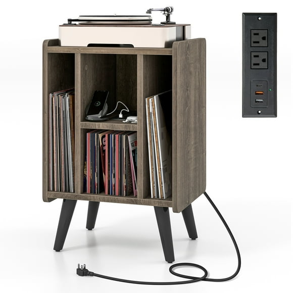 Patiojoy Record Player Stand w/ Charging Station & USB Ports, Nightstand Side Table w/ Vinyl Storage Cabinet for Living Room Bedroom, Album Display Shelf Turntable Grey