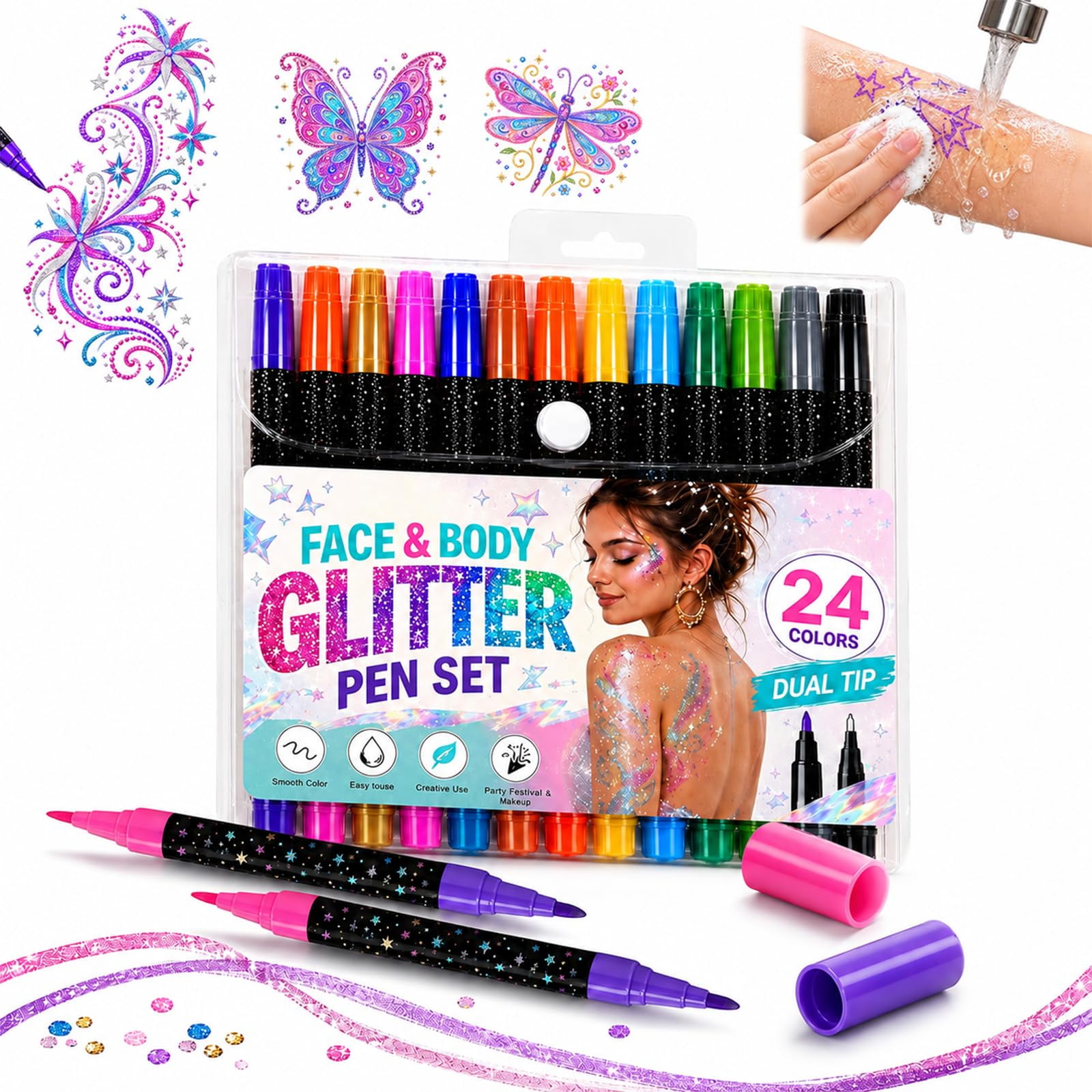 24-Color Face & Body Glitter Marker Set with Dual Tips, Tattoo Glitter Acrylic Paint Markers, Washable Skin Safe Shimmer Pens for Coloring Scrapbooking Card Making & Holiday Party