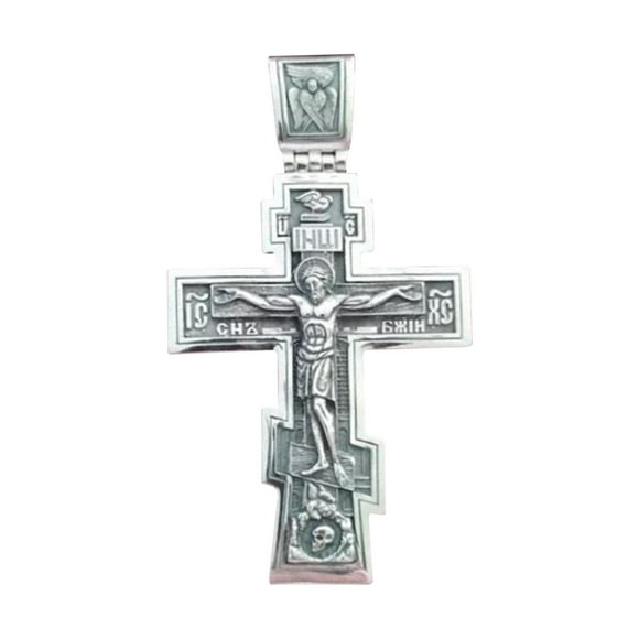 Collar con colgante de crucifijo y cruz, collar con colgante grabado, crucifijo y cruz de la Biblia plateado