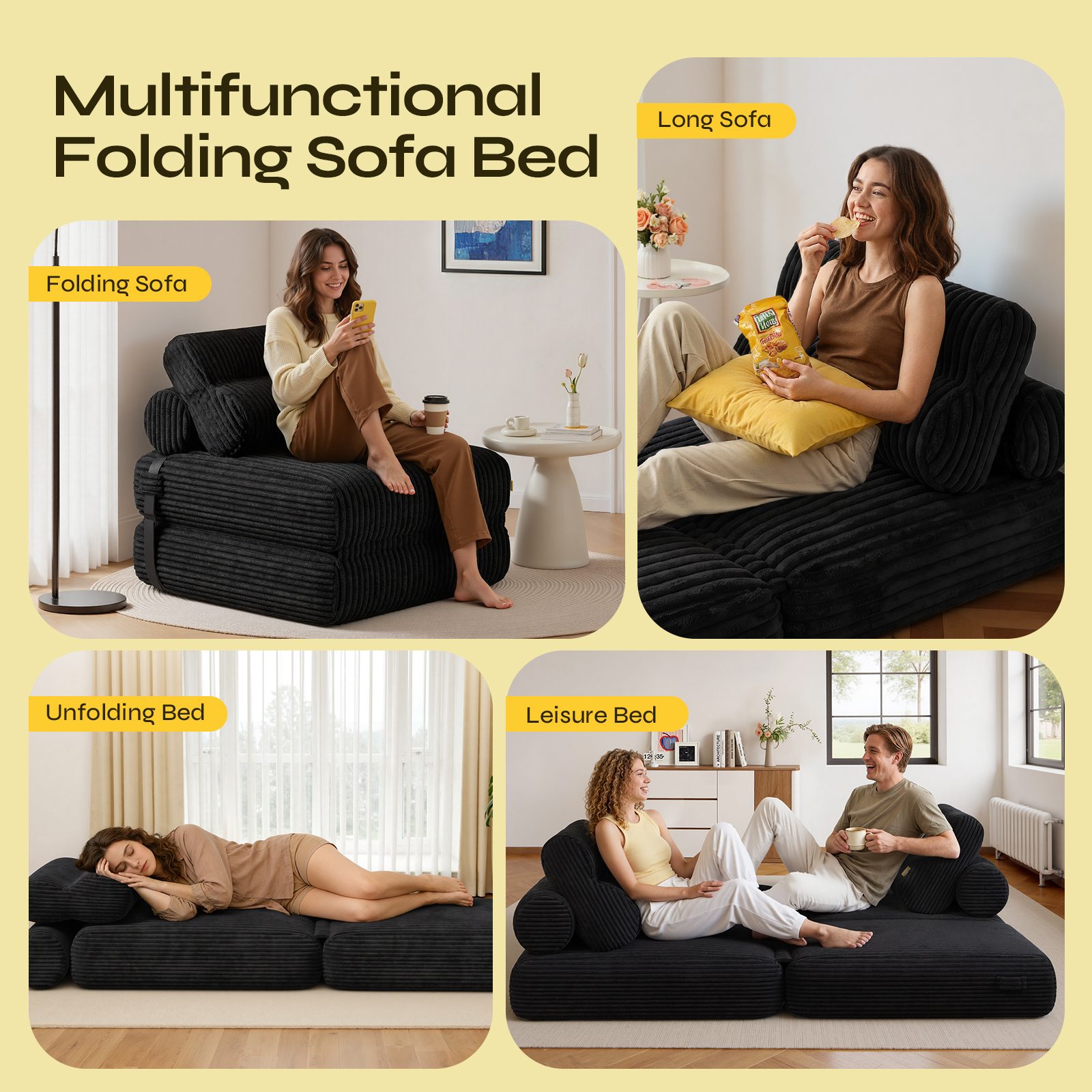Pinmoco Folding Sofa Bed, Corduroy Convertible, Black photo 2