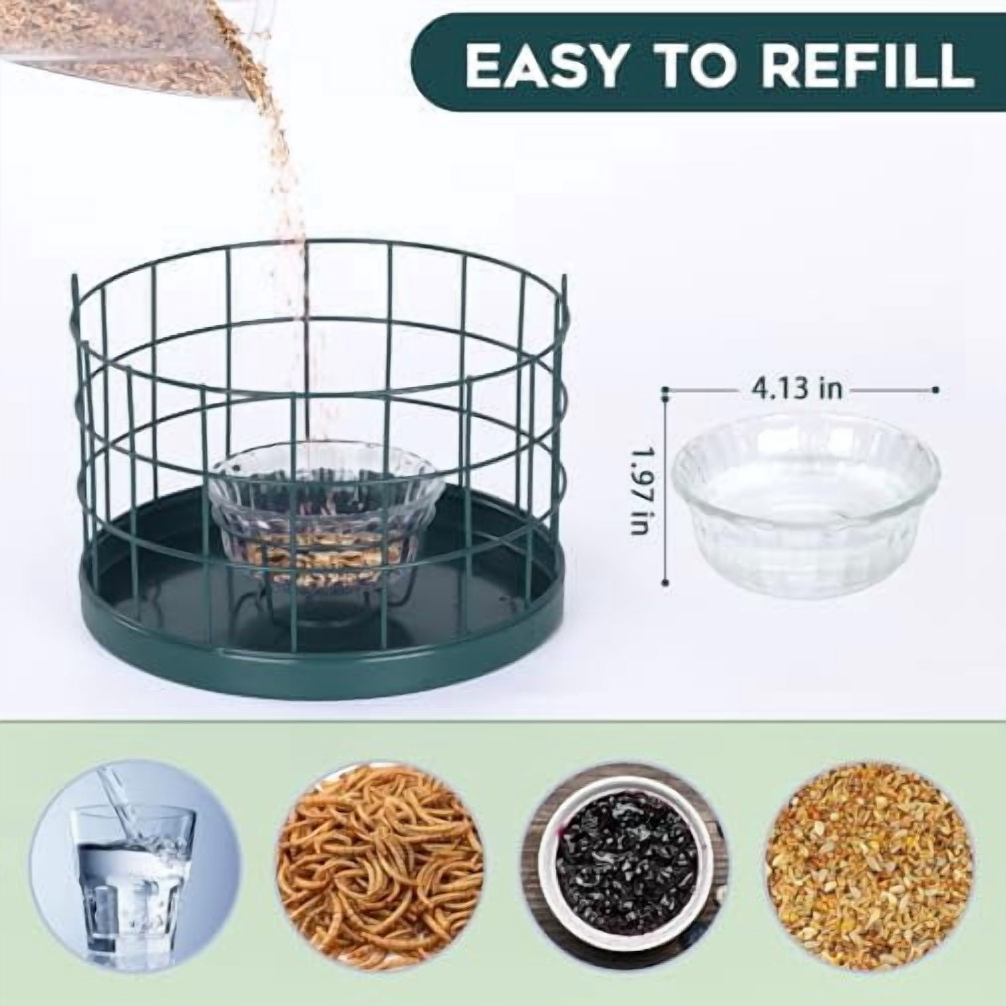 Caged Bluebird Feeder for Mealworms with Glass Bowl, Squirrel Proof Bird Feeder for Small Birds Only, Detachable Hook, Large Space, Outdoors Weatherproof, Metal, Green
