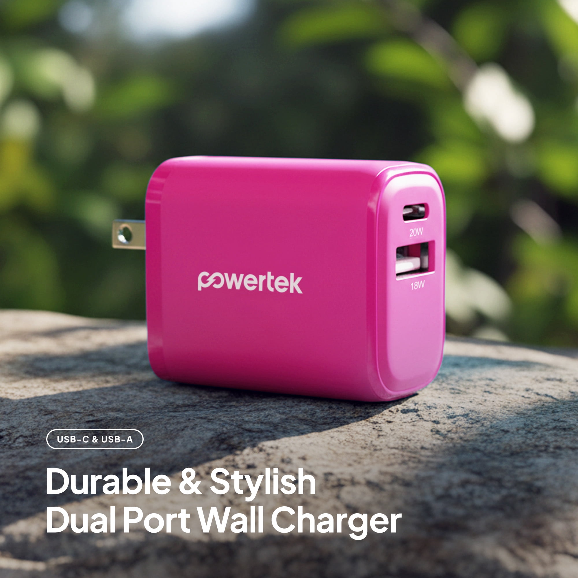 Powertek 20W USB-C PD + USB-A Dual Port Wall Charger, Pink