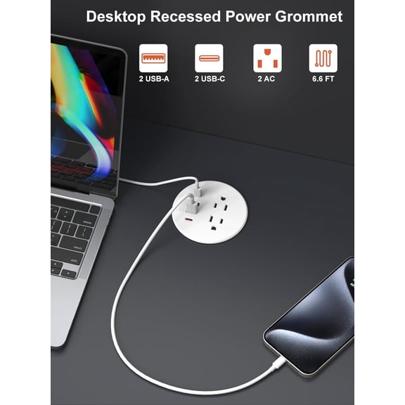 PYYAN-Recessed Power Grommet 3 inch with PD20W USB C Ports 2 AC Outlets,Recessed Outlet Fast Charging Station,Desk Hole Grommet Outlets,Round Desktop Power Grommet Outlet for Office,Home (White, 20W