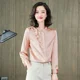 thumbnail image 3 of Blusa elegante de seda pura rosa de principios de otoño para mujer, jersey de manga larga con volantes y cuello redondo, camisa suave y elegante de alta gama a la moda, 3 of 5