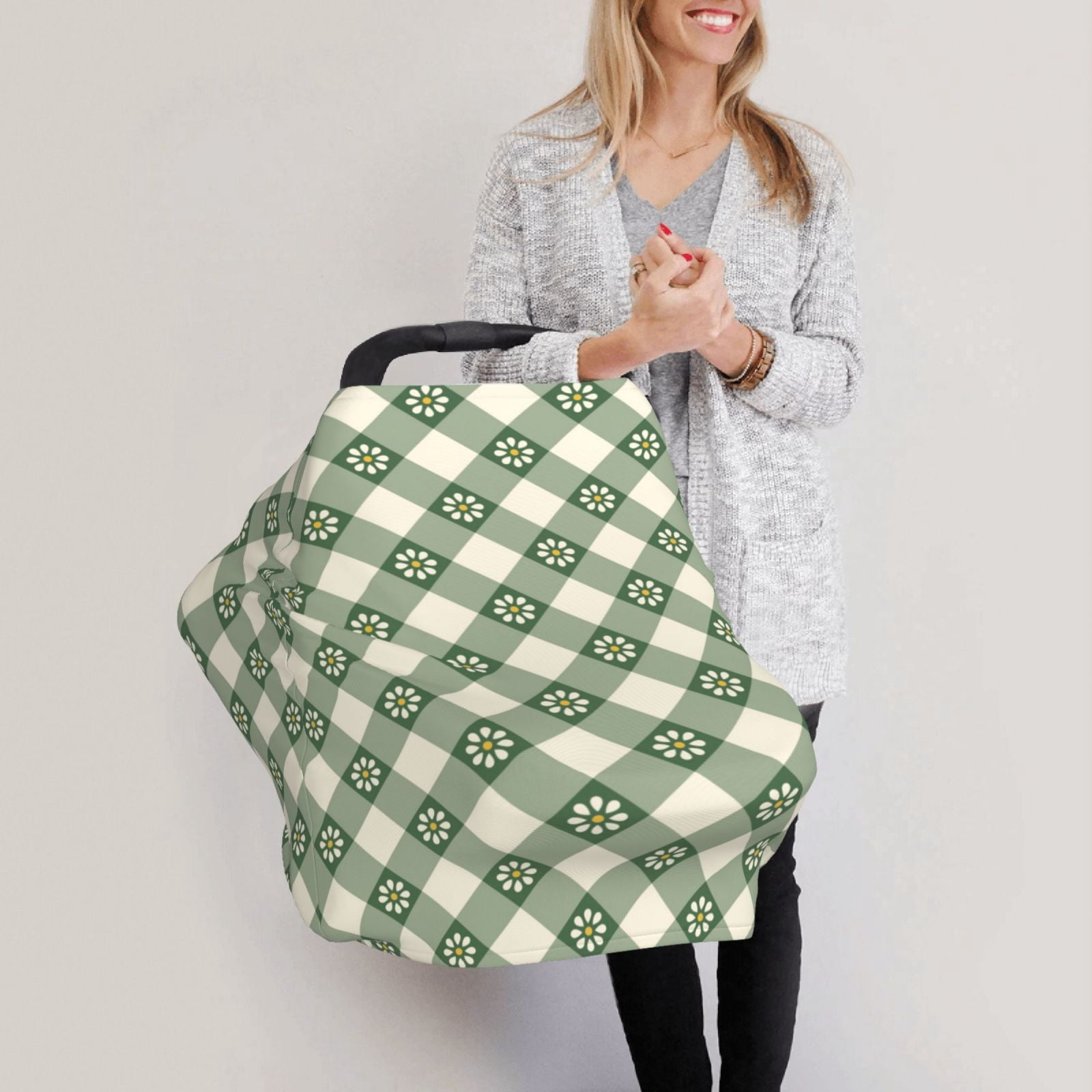 Fotbe Daisy Plaid Green Pattern Car Seat Covers for Babies, Nursing Breastfeeding Cover Infant Carseat Canopy, Soft Stretchy Carrier Cover