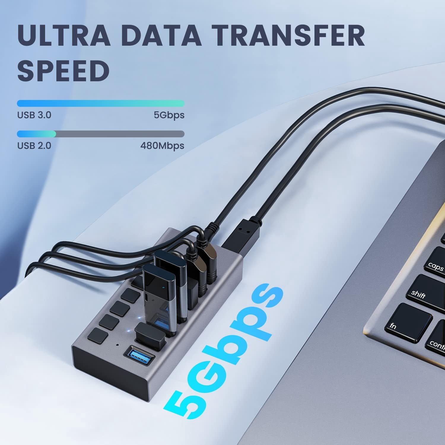 Powered USB Hub -  7 Ports 36W USB 3.0 Data Port & Charge Port, Aluminum Housing, Individual On/Off Switches, 12V/3A Power Adapter, 5Gbps High Speed, USB 3.0 Hub for Laptop, PC, Computer, Mobile HDD