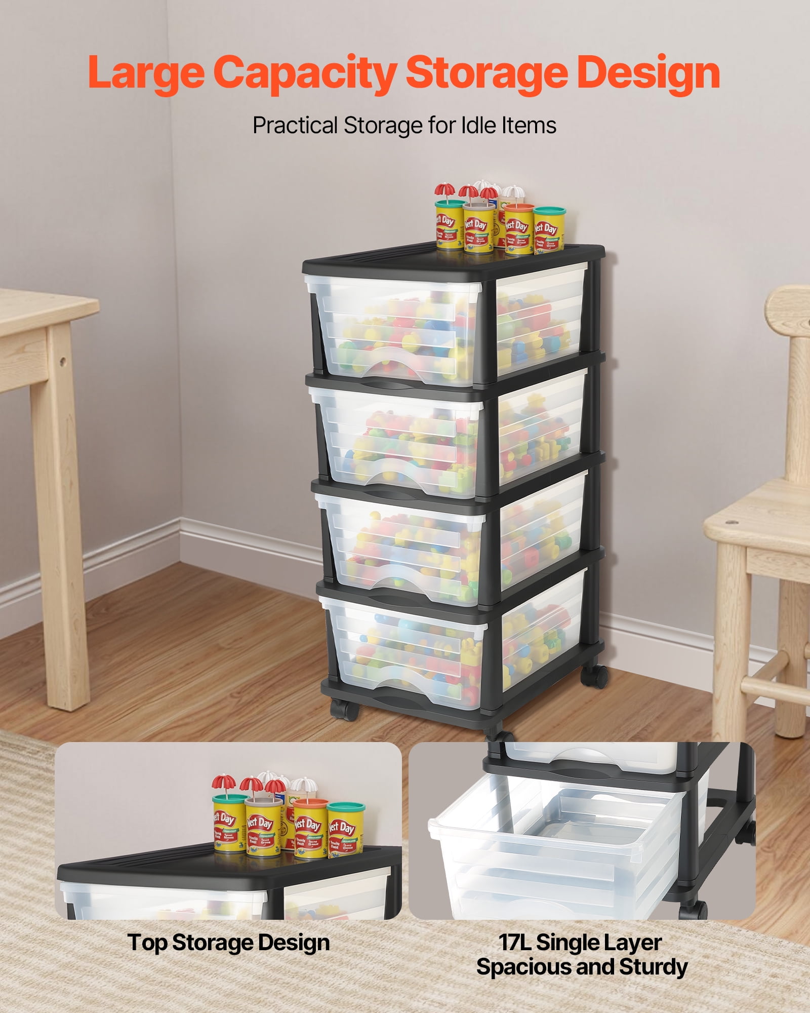 VEVOR Plastic Storage Drawers Cart,4 Drawers Storage Organizer with Wheels, Rolling Closet Organization and Storage Dividers, Dresser Organizer Clear Bins for Office Supplies, Craft Rooms, Classrooms