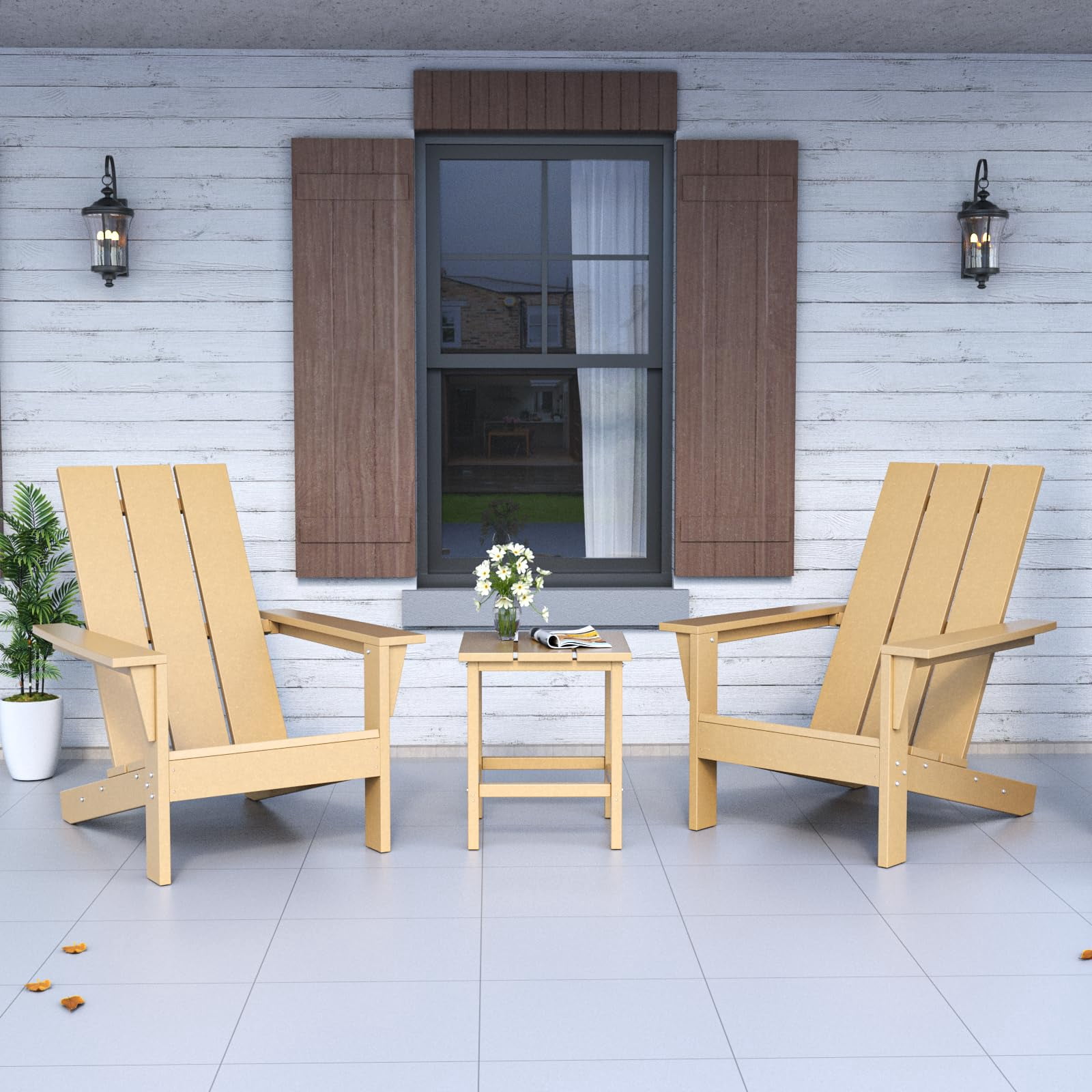 Kullavik Adirondack Chair 3 Piece Set With Table, Heavy All-Weather HDPE.Outdoor Lounge Chair for Patio Deck Garden, Backyard Deck& Lawn Furniture - Looks Exactly Like Real Wood-Sand