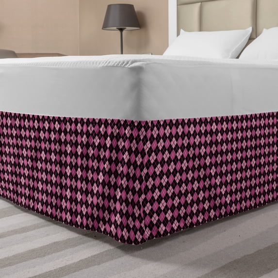 Checkered Bed Skirt, Crosswise Striped Mosaic Pattern Squares Retro Style Feminine Design, Elastic Bedskirt Dust Ruffle Wrap Around for Bedding Decor, 4 Sizes, Pink Pale Pink Black, by Ambesonne