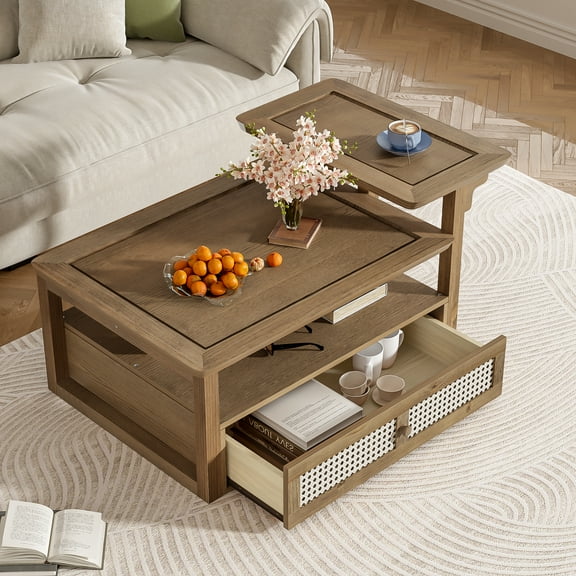 U-Can Modern Coffee Table, Coffee Table with 1 Storage Shelf, 2 Tabletops and 1 Rattan Drawer For Living Room