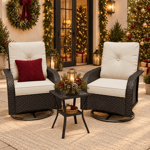 POTEBAN Bistro Set, 3-Piece Outdoor Patio Furniture Set with 2 High-Back Black Wicker Swivel Rocking Chairs, Glass Side Table and Beige Cushions