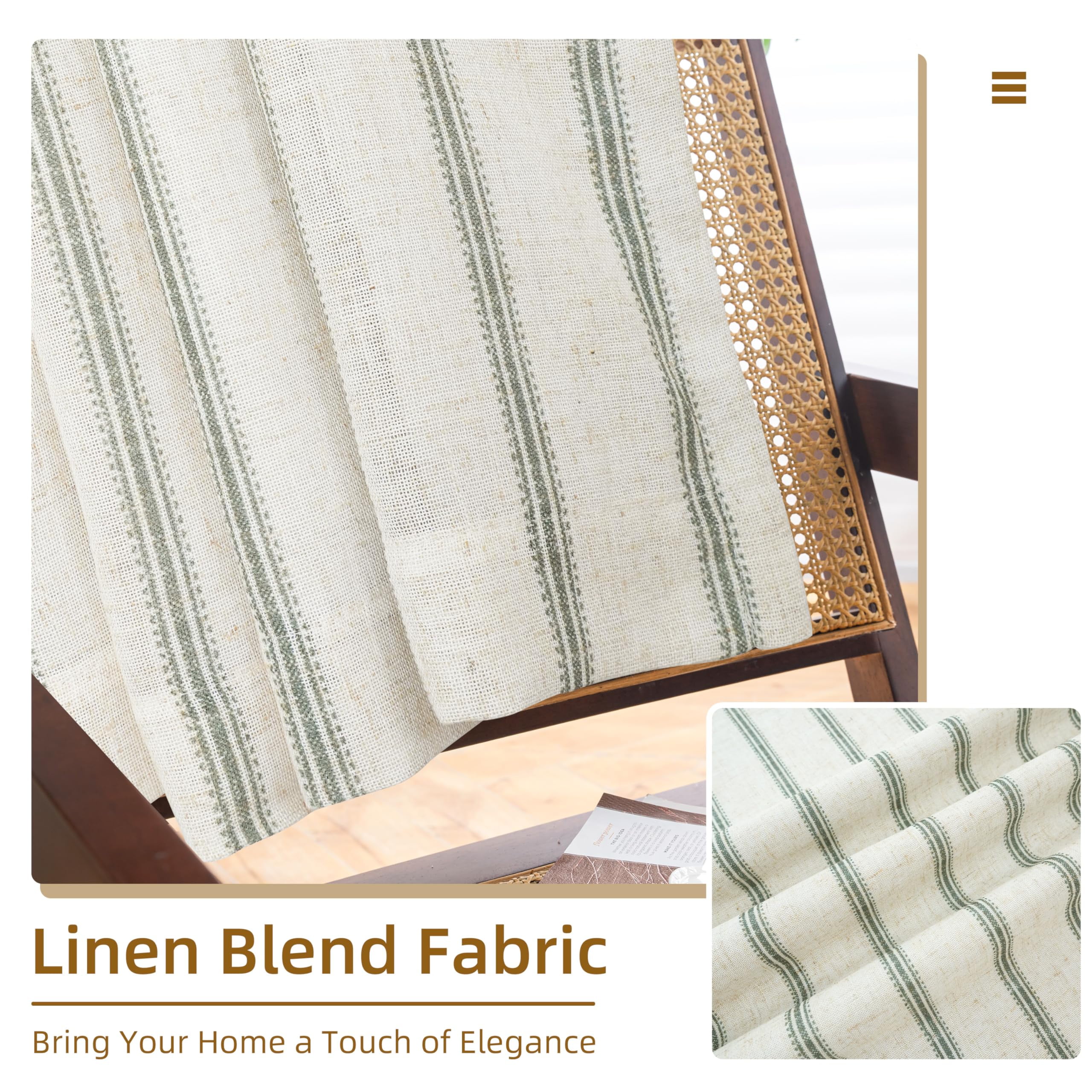 DriftAway Farmhouse Linen Blend Blackout Curtains 84 Inches Long for Bedroom Vertical Striped Printed Linen Curtains Thermal Insulated Lined Treatments for Living Room 2 Panels W52 x L84 Loden Green