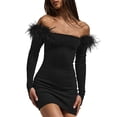 thumbnail image 1 of xiaxaixu Robe Moulante pour Femme, Robe à Manches Longues Épaules Dénudées, Mini-Robe Ajustée à Empiècements Duveteux, 1 of 6
