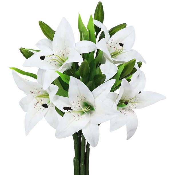 Xiao Hua Juego de 5 flores de lirio artificiales con un toque realista, ideal para bodas, fiestas, jardines y decoración de oficinas. Flores de lirio artificiales blancas.