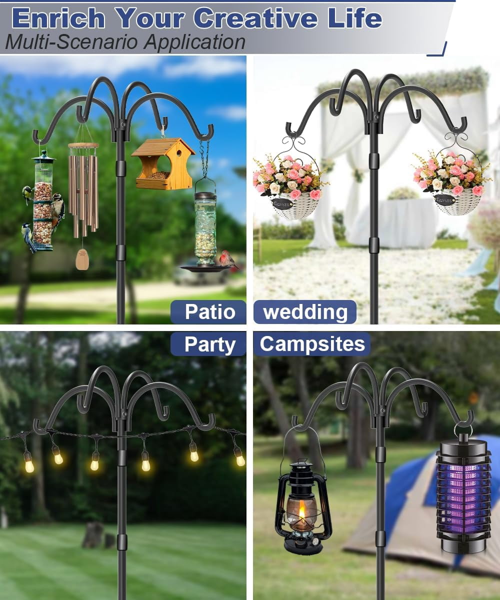 Upgrade 4-Hook Shepherds Hooks for Outdoor with Plastic Tube, 92" Heavy Duty Bird Feeder Pole with 5 Prongs Base, Adjustable Garden Hook for Solar Light, Hanging Plant, Wedding Decor, 2 Pack