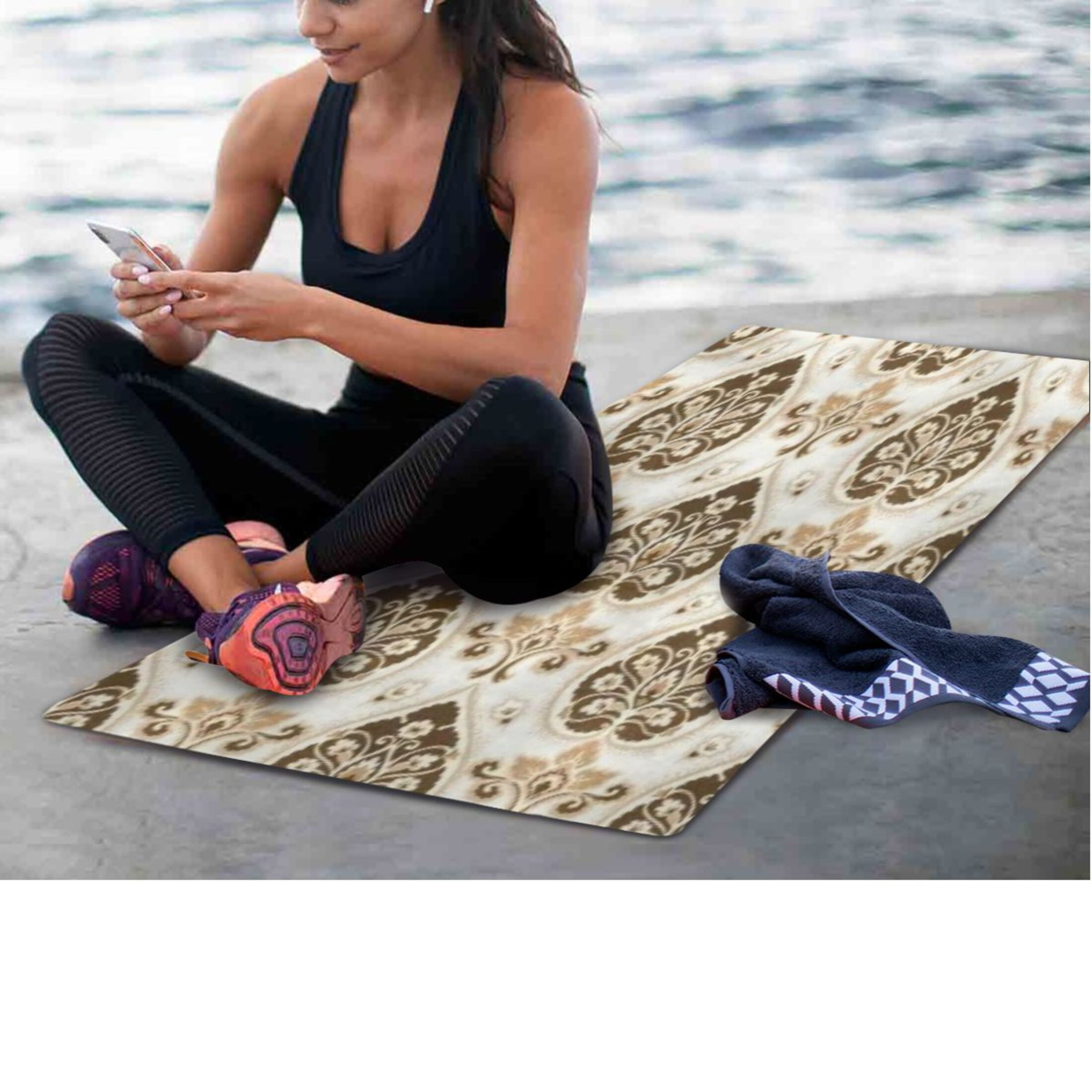 BZSMCE Yoga Mat Women Fitness Mat Gold Cream Ornate Damask Pattern