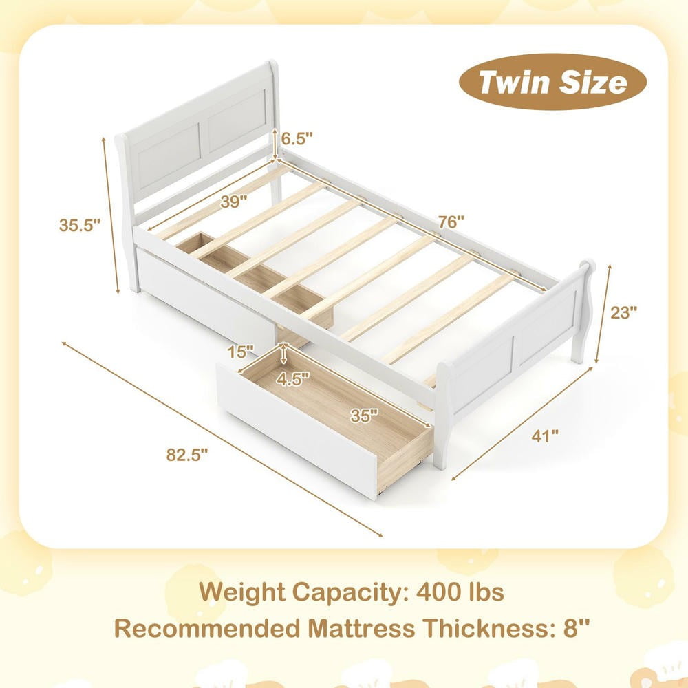 Barara King Twin Size Sleigh Bedroom Bed Frame with 2 Storage Drawers, Wood Bed Platform Frame for Apartment, Bedroom, White