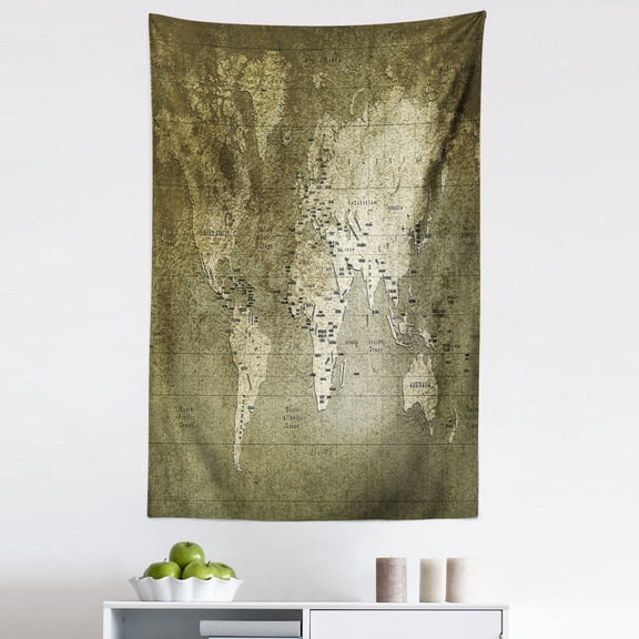 Map Tapestry, Old World Map Texture Nostalgic Plan Atlas Trace of Life, Fabric Wall Hanging Decor for Bedroom Living Room Dorm, 5 Sizes, Army Green, by Ambesonne