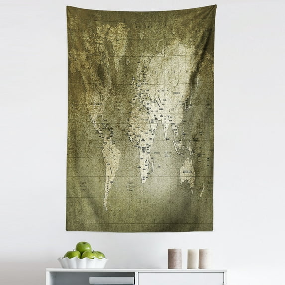 Map Tapestry, Old World Map Texture Nostalgic Plan Atlas Trace of Life, Fabric Wall Hanging Decor for Bedroom Living Room Dorm, 5 Sizes, Army Green, by Ambesonne