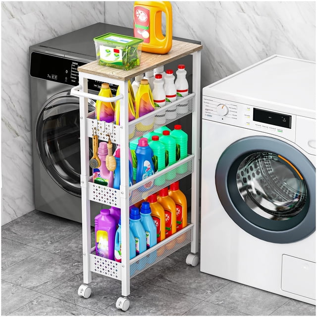 Carrito de almacenamiento Vivihomety Utility con tapa de madera enrollada de 4 niveles