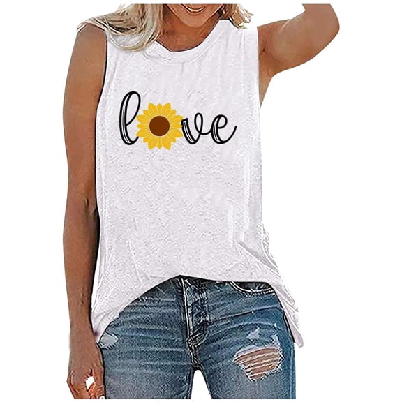 Womens Tops Dressy Casual,Love Flower Print Muscle Tank Top Women Workout Tank Vacation Shirt Casual Letters Print Sleeveless Holiday Shirt