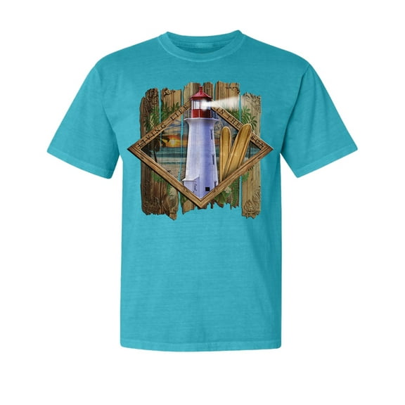 Wild Bobby, Living Life in The Sun Surfboards Sunsets Lighthouse, Garment-Dyed Washed Look Short Sleeve Tees, Blue Lagoon, Small